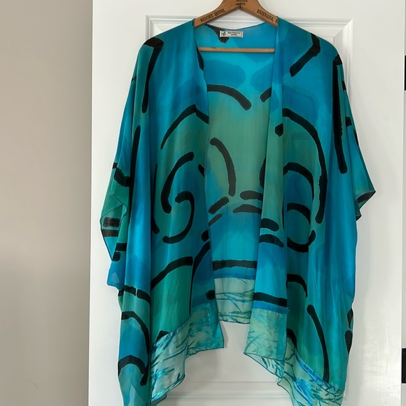 Hand-Painted Signed Open-Front Silk Kimono w Sheer Border Blue Green - Picture 1 of 12